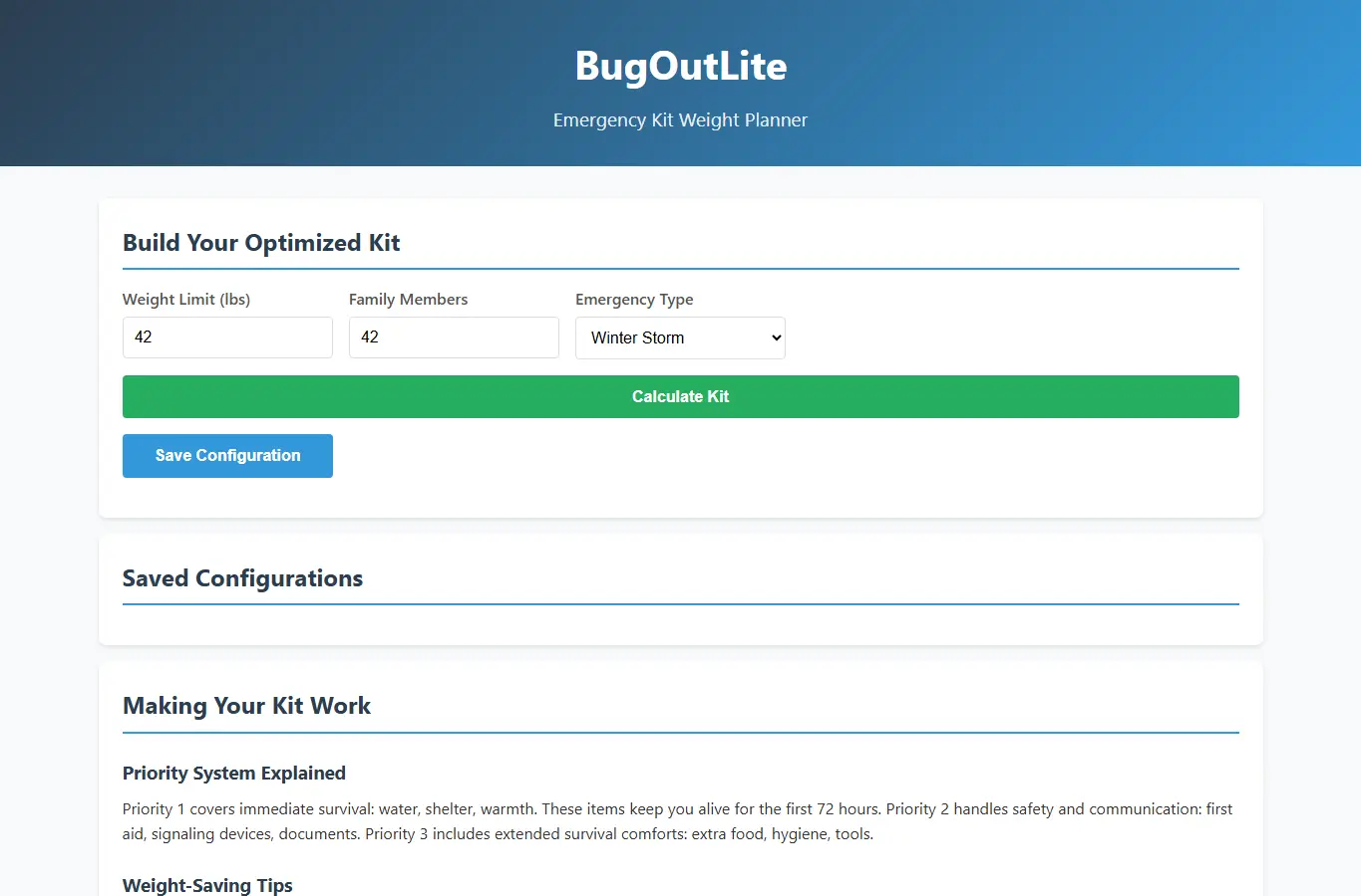Screenshot of BugOutLite: Emergency Kit Weight Planner interface showing the project page in use